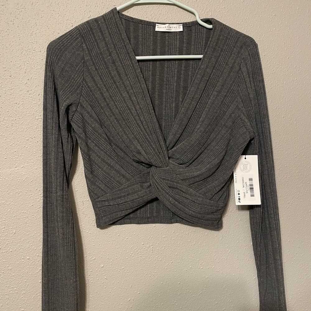 Gray Ribbed Long Sleeve Tie Front Crop Top